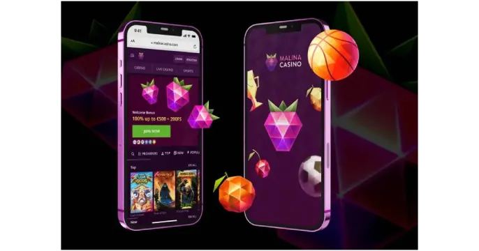 Interfaz de usuario de la aplicación móvil Malina Casino mostrando slots y menú de navegación